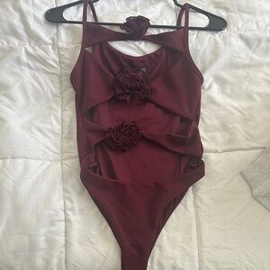 Burgundy Floral cut out Bodysuit from White Fox